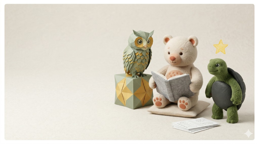 A teddy bear reads a book beside a geometric owl and a turtle friend in a calm classroom-style scene.